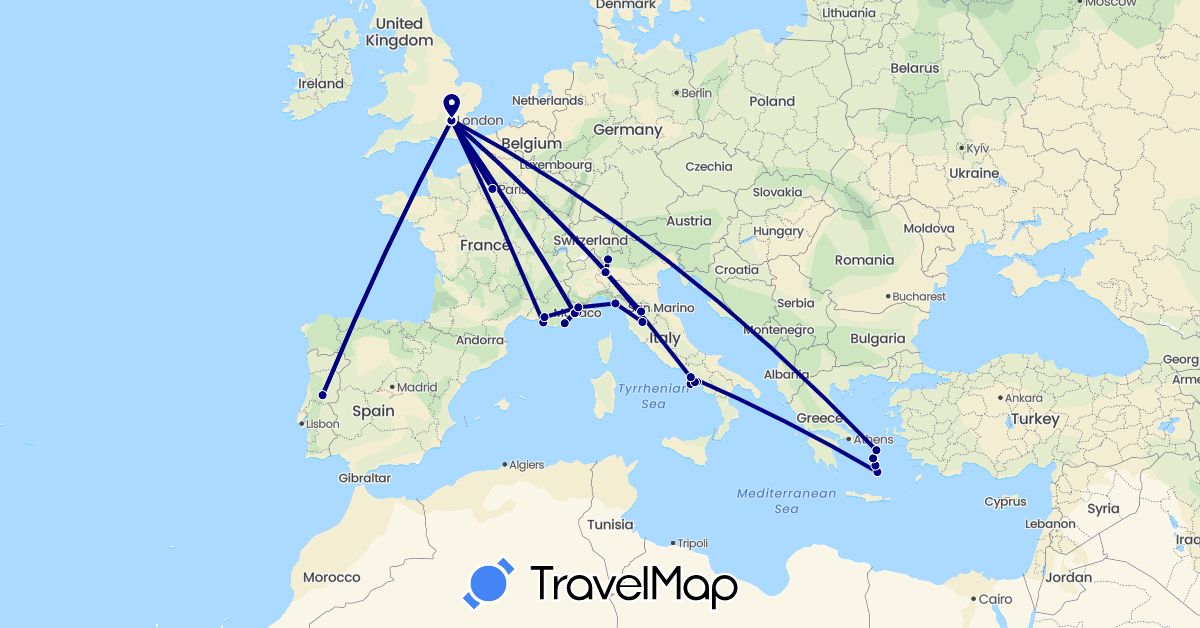 TravelMap itinerary: driving in France, United Kingdom, Greece, Italy, Monaco, Portugal (Europe)